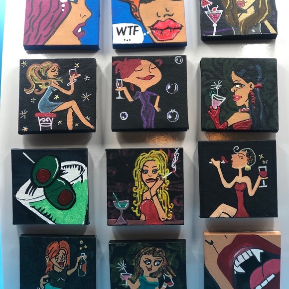 3”x3” Chick Magnets on an Original Hand Painted Stretch Mini Canvases w/Acrylics - Picture 2 of 2